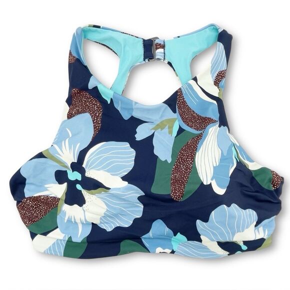 Athleta Maldives Bikini Top Size 36D/DD Blue Floral High Neck Racerback Swim Bra - Picture 1 of 12